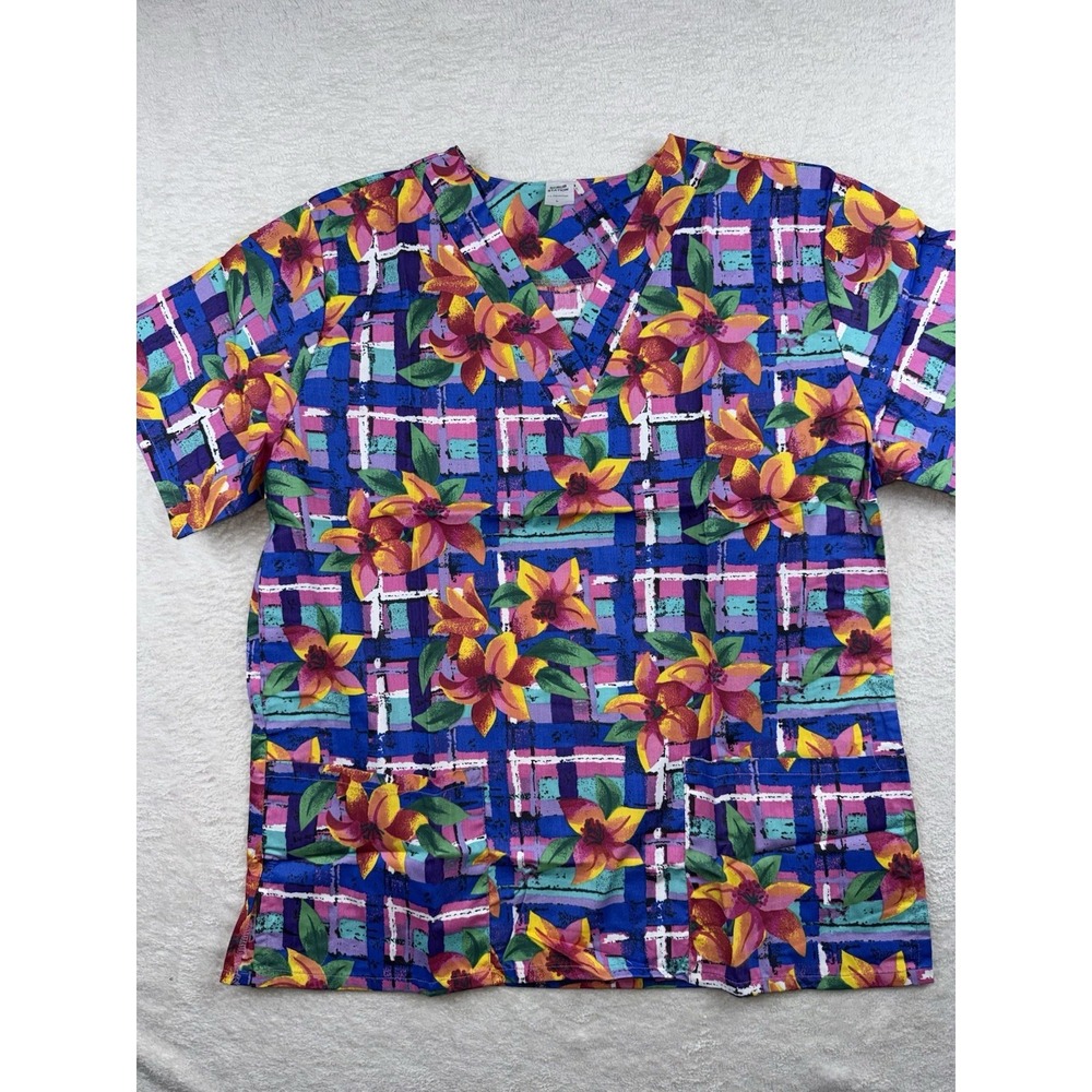 Scrub Station VS Collection Women's V Neck Scrub Top Size Large Floral Print New